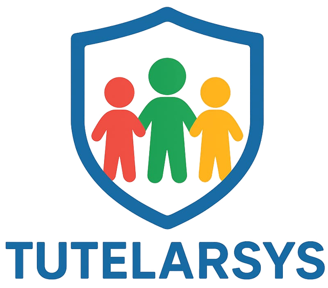 Logotipo do TutelarSYS: escudo azul com três crianças de mãos dadas